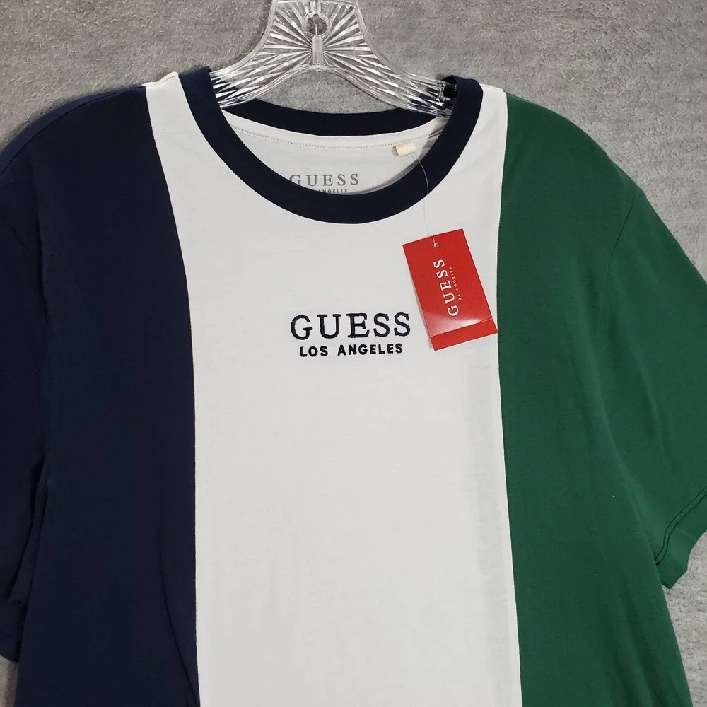Guess Men Shirt Large Green Colorblock Logo Embroidered Short Sleeve NWT - Picture 2 of 11